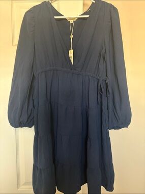 Max Studio Blue V-Neck Tiered Long Sleeve Dress